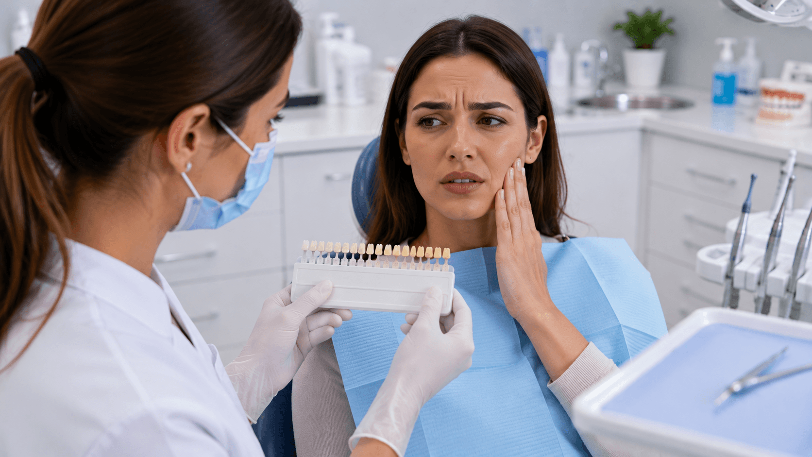 Dentist and patient discussing sensitivity and teeth whitening options