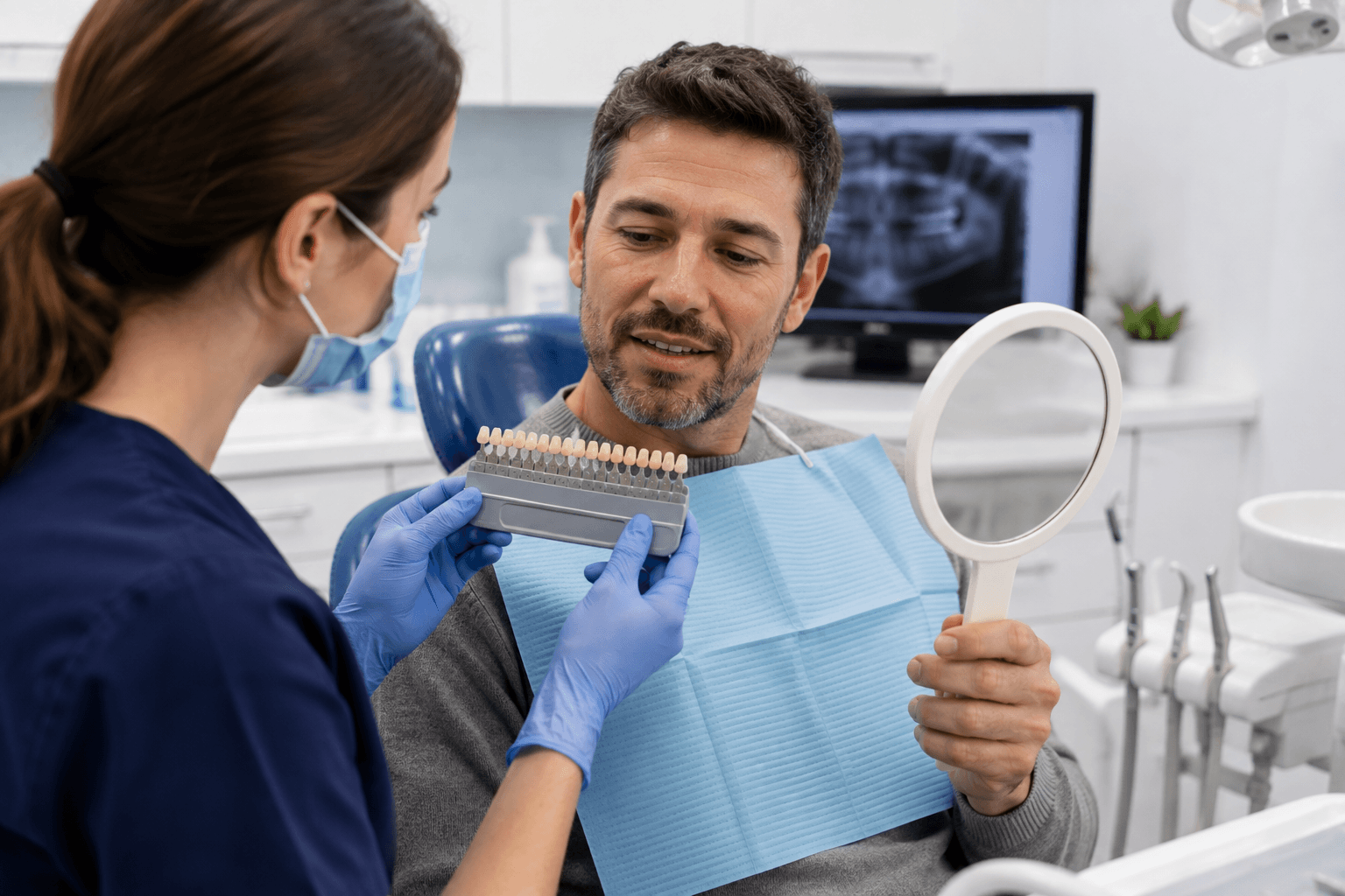 Dental consultation explaining tobacco staining and Teeth Whitening treatment planning